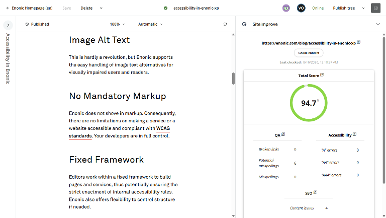 Keyboard navigation, image alt text, no mandatory markup, and more.