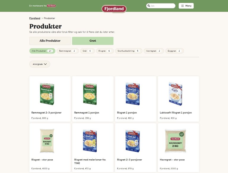 Screenshot of the Fjordland product page for porridge.