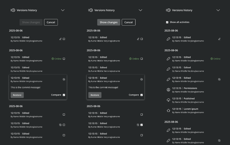 Screenshot of a collection of version histories in Content Studio 6.