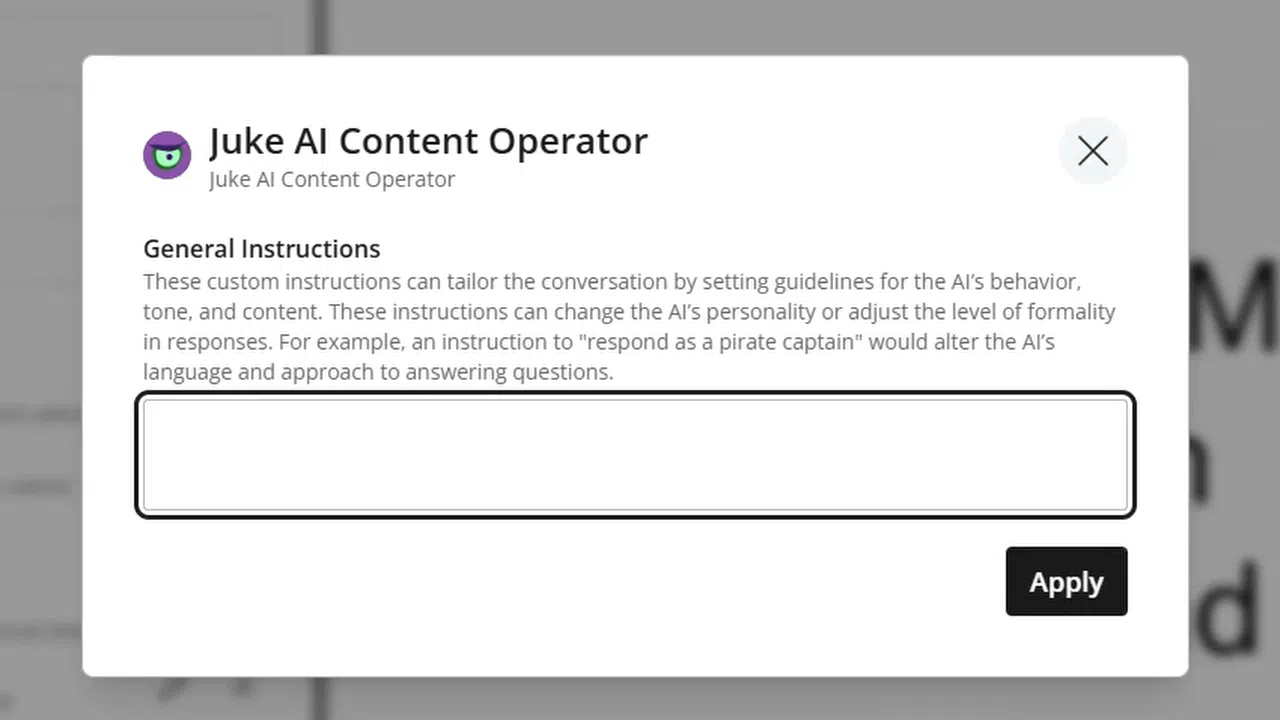 Screen recording of Content Studio, where one adds custom instructions to the Juke AI Content Operator app.